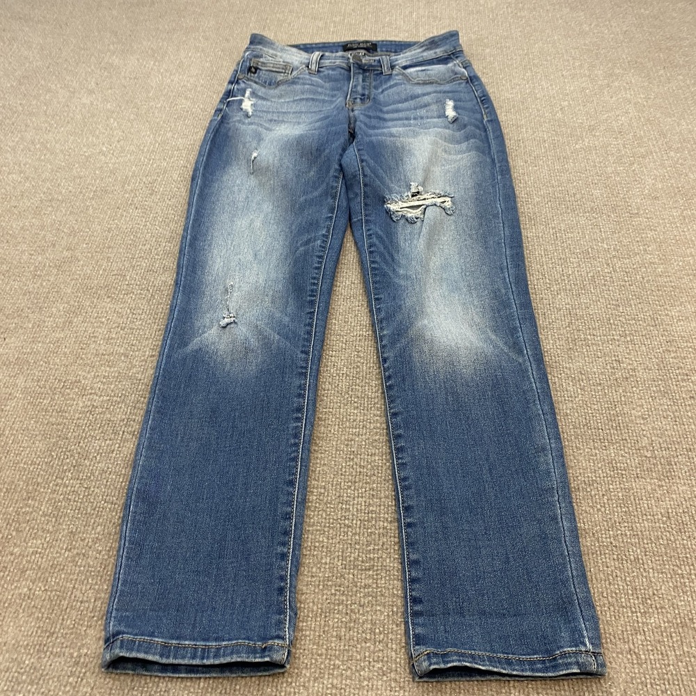Judy Blue Straight Jeans Womens 1/25 Blue Med Wash Mid Rise Distressed Stretch